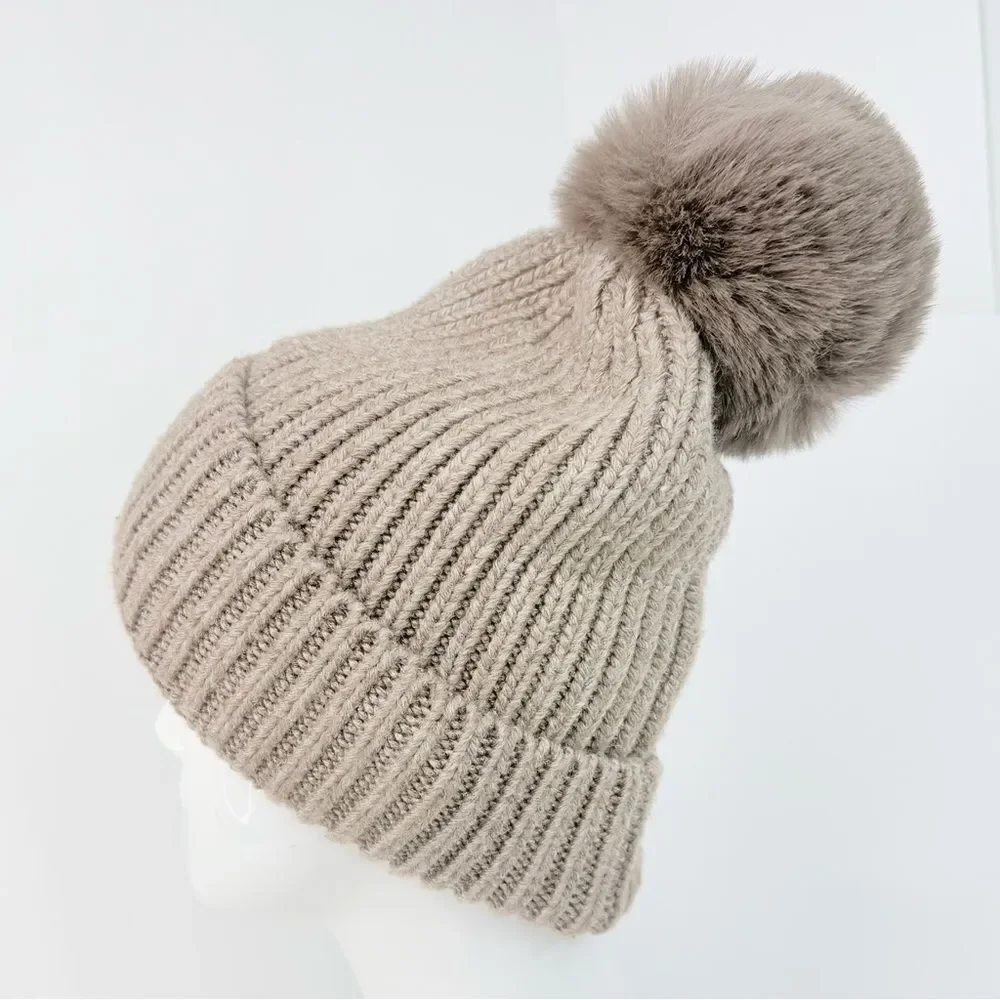 Norla Canada Taupe Alpaca Wool Fluffy Faux Fur Pompom Knit Beanie Hat